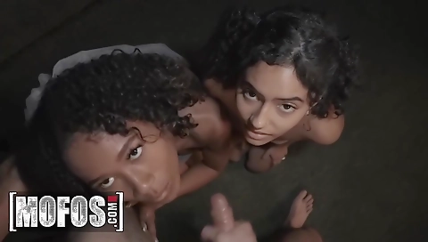 Tattooed brunette and ebony girl have threesome sex